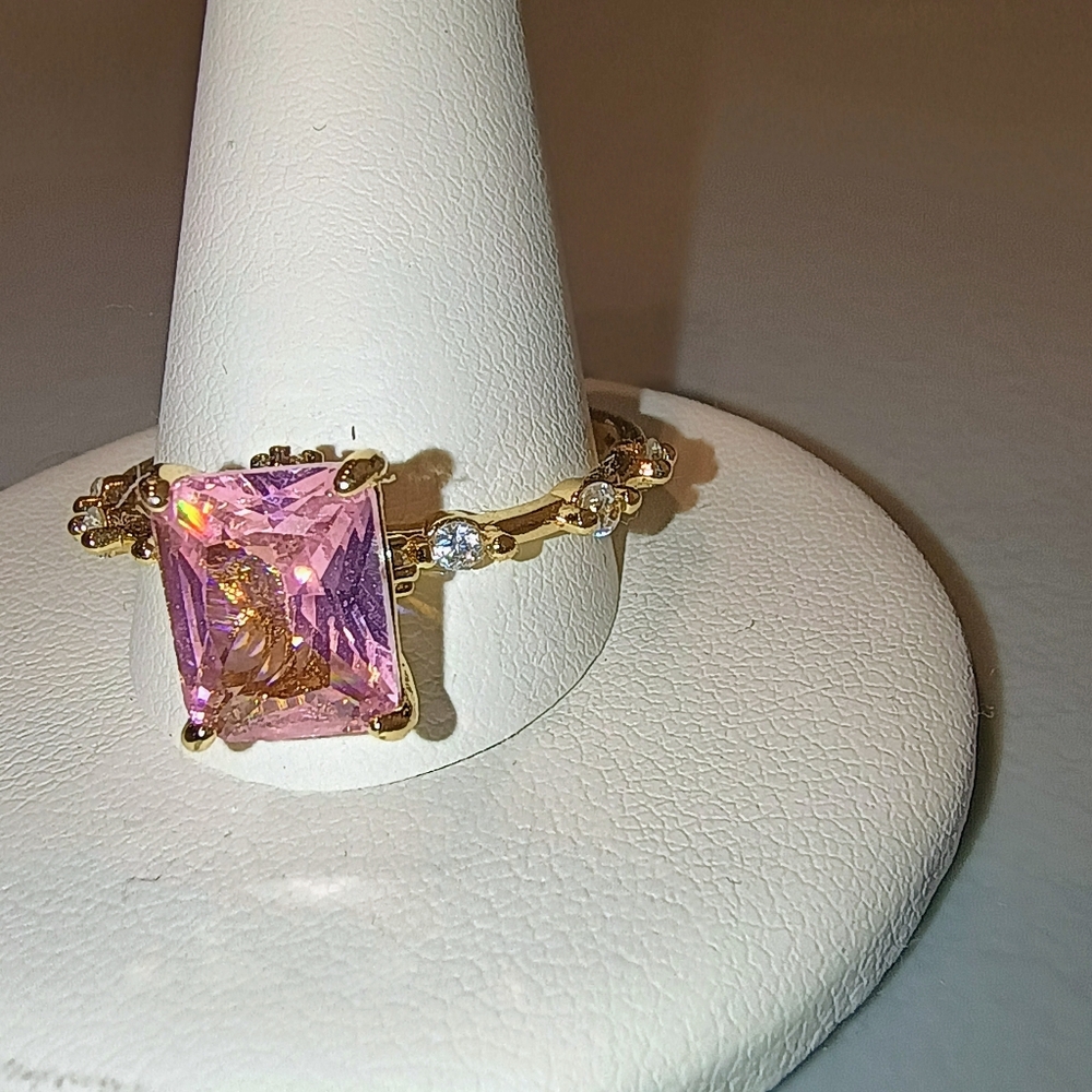 Princess Cut Pink CZ Ring – Gold Plated  Micro Inlay, Sizes 5 - Picture 9 of 10